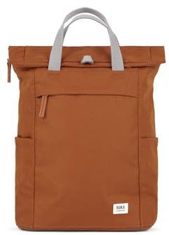 ROKA London Finchley A Medium Recycled Canvas (Bran) | Roll top backpack with spacious storage, padded laptop sleeve, side bottle pockets, secret pocket and adjustable straps