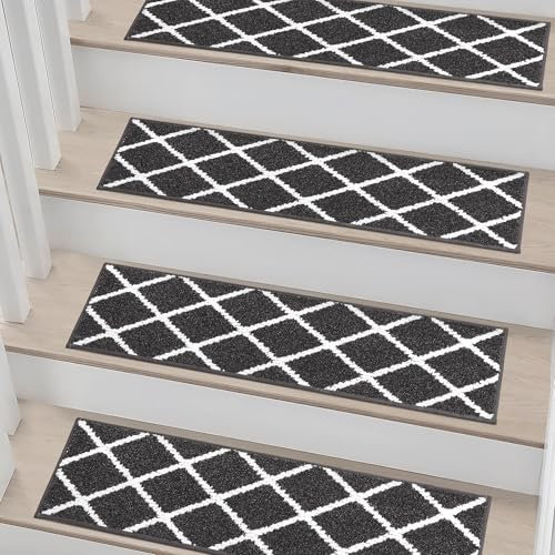COSY HOMEER 15 Pack Nonslip Stair Carpet Treads, 22 x 70cm Polyester Medium Pile Carpet Stair Treads with TPE Backing, Super Grip Self-Adhesive Stair Treads, Noise Reduction & Machine Washable,Black