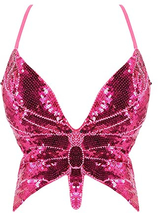 Glitzer Oberteile Damen Kostüm Bauchtanzkostüm Sexy Karnevalskostüme Pailletten Y2k Costume Outfit Korsage Schulterfrei Schmetterling Bauchfreies Karneval BH Klamotten Tops