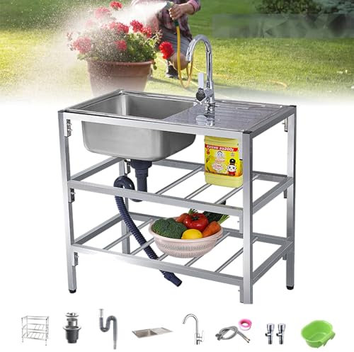 BRCYKRWY Fregadero Cocina Comercial Fregadero Independiente de Acero Inoxidable Fregadero Exterior Jardin con Banco de Trabajo con Grifo Restaurante Camping Parrilla Exterior Jardin Fácil de Instalar