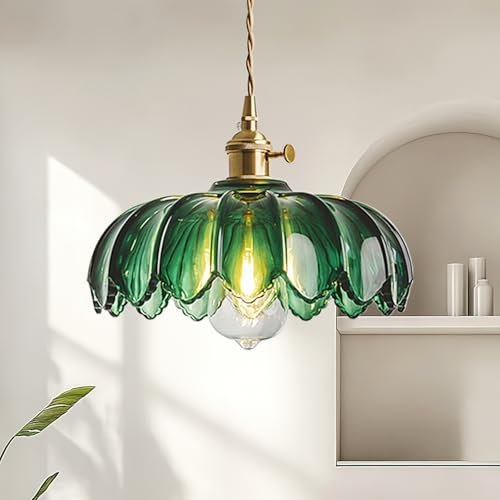 zhxinashu Pendelleuchte Glas Grünes, Pendellampe Vintage, E27 Messing Pendelleuchte Esstisch, Indoor Blume Form Deckenleuchte Industrial für Schlafzimmer, Wohnzimmer, Nachttisch, Küche