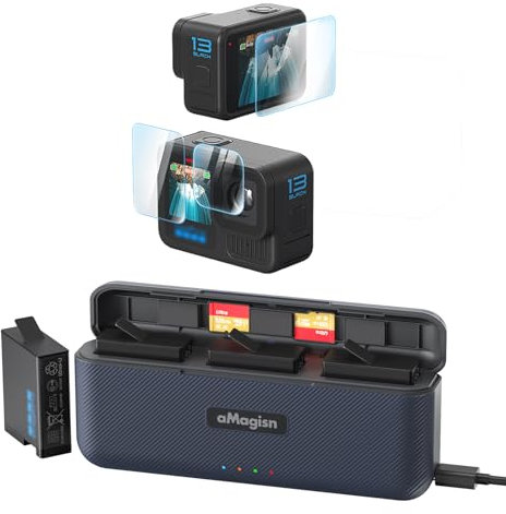 Hub di ricarica rapida + 2 pellicole temperate per GoPro Hero 13, con slot SD e USB tipo C, protocolli PD3.0/PD2.0 rapidi, 3 batterie di ricarica simultanea (scatola di ricarica rapida)