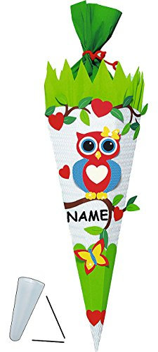 alles-meine.de GmbH BASTELSET Schultüte - Eule auf AST - 85 cm - incl. Namen - mit/ohne Kunststoff Spitze - Zuckertüte zum selber Basteln - 6 eckig Mädchen Eulen Vögel Schm..