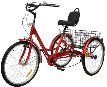 Ciounmb 24 Zoll 7-Gang Dreirad für Erwachsene, Senioren & Frauen, Cargo-Bike mit Einkaufskorb & Rückenlehne, Sitz Höhenverstellbar, V-Bremse vorne, Haltebremse hinten (Rot)