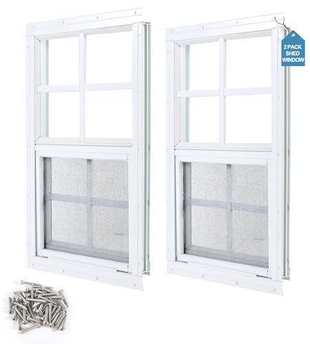 Ktondic 2 Stück Schuppenfenster, 30,5 x 45,7 cm, weiß, bündig montiert, Haushaltsfenster mit gehärtetem Glas und Fiberglas-Bildschirm für Schuppen, Hühnerstall, Spielhaus und Garage
