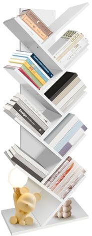 Tree Bookshelf Tall, Floor Standing Book Shelf, Tree-shape Storage Shelves with 10 Dividers, Tall Bookcase for CDs Albums, for Living Room, White, 20D x 40W x 126H cm