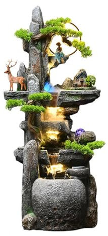 Standing Floor Fountain for Living Room, Water Fountain Indoor - Floor Standing Fountain with Jar Small Feng Shui Zen Waterfall Fountain W/LED Light & Soothing Sounds for Office Home Decor , Garden Fo