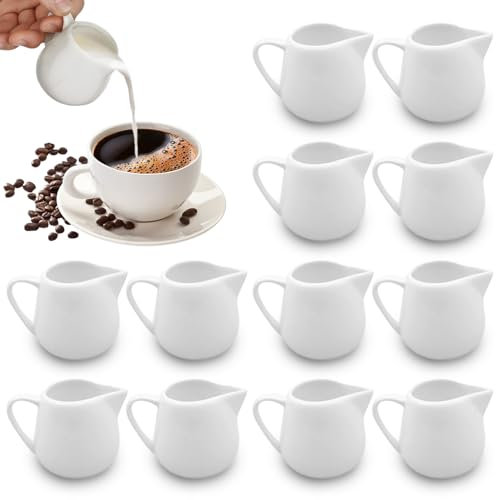 12 Pcs Small Milk Jug, 110ML Ceramic Milk Jugs, White Milk Jug Small with Handle, Milk Jug, Sauce Pots, Sauce Jug, Sugar Pot, Gravy Jug Mini Fingerprint Creamer Pitcher for Milk Coffee Sauces