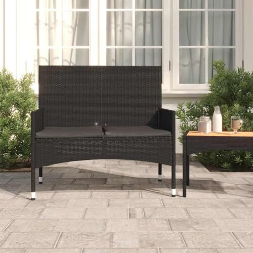 Gartenbank 2-Sitzer mit Kissen, Polyrattan Sitzbank 90x51x85 cm, wetterfeste Outdoorbank mit Armlehne & Rückenlehne, Terrassenmöbel für Garten, Schwarz