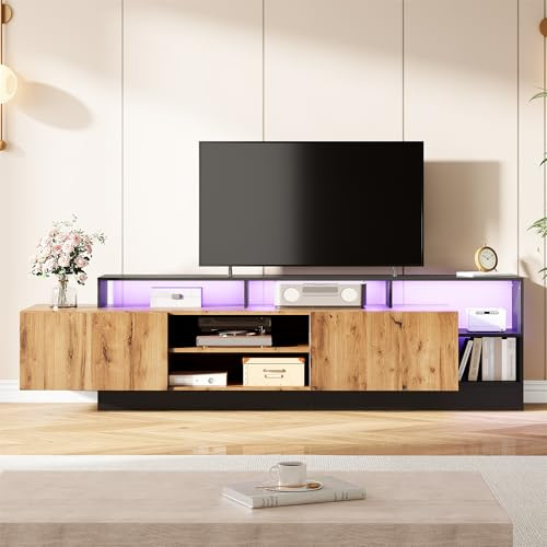 Mueble de TV moderno para televisores de hasta 70 pulgadas, espacio de almacenamiento abierto con indicadores LED, apto para dormitorio y sala de estar, armario de color madera original con marco