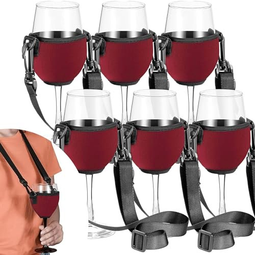 6 Stück Weinglashalter zum Umhängen, Weinhalter zum Umhängen, Weinhalter Umhängen Hals, Umhängetasche Weinglas Stoff Tragbar für Outdoor-Aktivitäten, Weihnachten, Geburtstag, Hochzeit, Party(Weinrot)