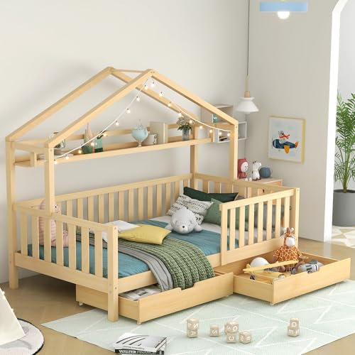 Jaxenor Kinderbett 90x200 mit 2 Schubladen, Jugendbett mit Zaun, Bodenbett Kinder, Kiefernholz Hausbett für Kinder und Jugendzimmer, Massivholz mit Lattenrost, Ohne Matratze, Natur