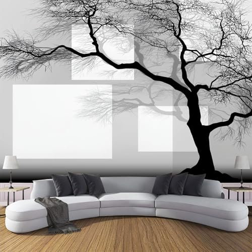 MIATCENRT Panoramique Murale ‎150x105cm (L×H), Papier Peint Bloc Arbre Tissu en Soie Décoration Murale, Minimal Abstrait Tableaux Muraux Salon Chambre Papier Peint Noir Blanc 3D Fond Effet