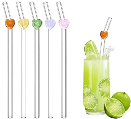 WOUYTPE 10 Pièces Paille en Verre en Forme de Coeur, Pailles Réutilisables, Paille en Verre Incassable, Convient pour le Café, le Jus de Fruit, la Fête D'été, Coloré et Réutilisable