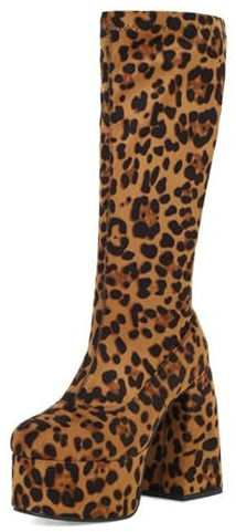 Gueploer Stivali Lunghi con Plateau per Le Donne, Tacchi Grossi A Punta Tonda Stivali Alti al Ginocchio Elasticizzati per La Vita Quotidiana, Festa,Leopardo,44 EU