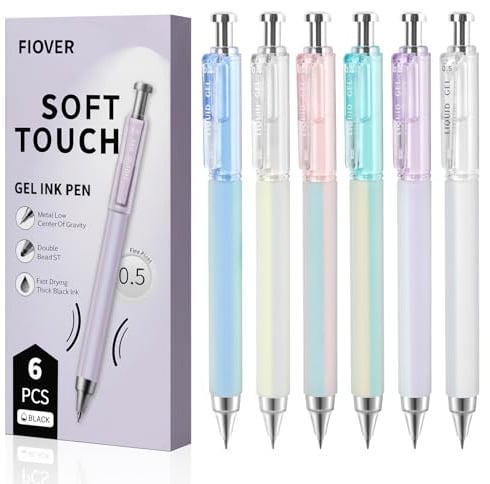FIOVER Gelstifte, 6 Stück, 0,5 mm, schnell trocknend, schwarze Tinte, feine Spitze, glattes Schreiben, einziehbar mit Silikongriff, hochwertig, niedlich, ästhetisch, Büro, Schulbedarf, Geschenke für