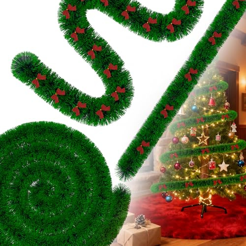 Suusolny 10M Grün Weihnachtsgirlande Mit 28er Fliege Weihnachtsdeko Weihnachten Deko Girlande Tannengirlande - Für Tür, Treppe, Weihnachtsbaum, Christbaumschmuck, Festliche Deko(Grün Kante)