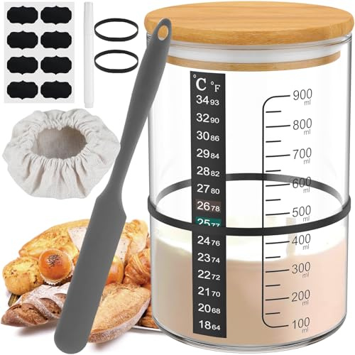 Sauerteig Starter Set Glas 900ml Sauerteig Glas Hohe Temperaturbeständigkeit 150 Fermentierglas mit Markierungsband Thermometerpapier für Lebensmittelaufbewahrung Konservierung Konserven Fermentation