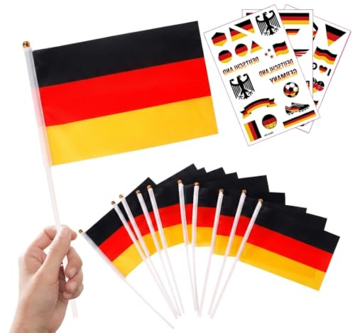 HAPZUR Mini Drapeaux Allemands 10 Pcs avec Bâton & 3 Stickers Tatouage Football pour Supporters. Idéal Ambiance WM 2026, EM & Fêtes.