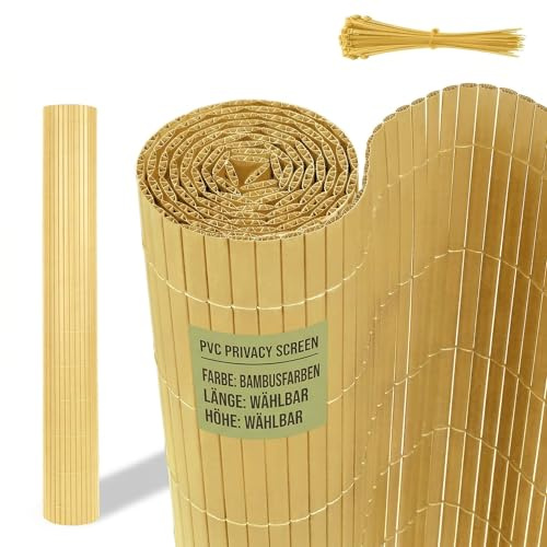 Suusolny PVC Sichtschutzmatte 80x500CM(HxL),Wetterfest Gartensichtschutz W-Struktur Sichtschutzzaun für Außen Garten, Balkon und Terrasse Mit Kabelbindern,Bambusfarben