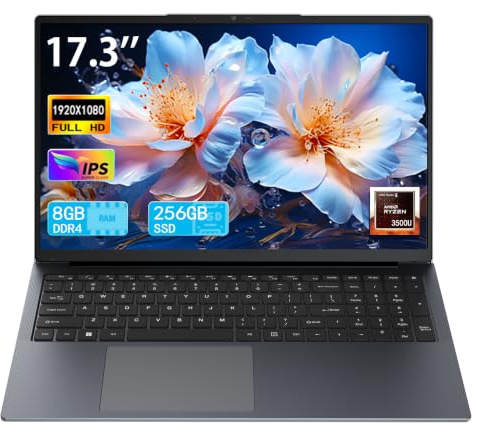 IJKKJI 17 Inch Laptop with Ryzen5 3500U, 8GB RAM, 256GB SSD, IPS FHD Display, Backlit Keyboard, Webcam, RJ45,USB 3.0, HDMI, Type-C