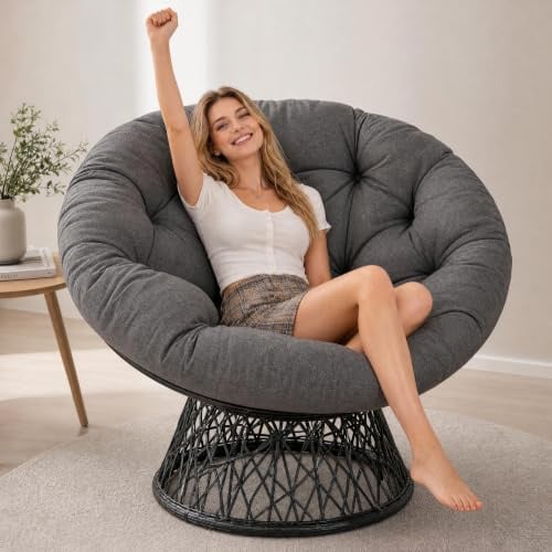 GarveeMore 360° Drehbarer Papasansessel aus Rattan, Drehsessel Runder | Outdoor Lounge Chair, Dickes graues 180g Polyesterkissen, Stahlrahmen Papasan Gartenstuhl gemütlicher, Sessel rund Terrasse