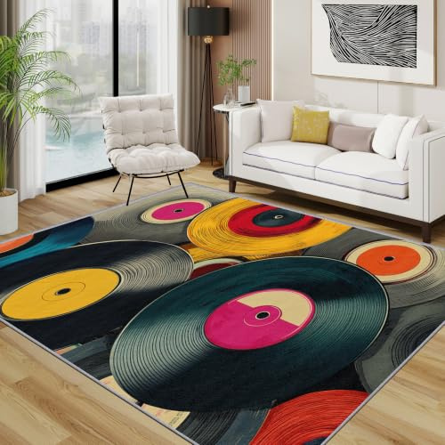 TerroVee Schallplatte Teppich Schlafzimmer, 70er Retro Schallplatten Musik Teppich 120x170 cm, Bunt Pop Funky Schallplatte Waschbar Kurzflor Antirutsch Teppiche Für Wohnzimmer Schlafzimmer, Bunt