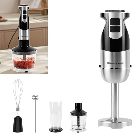 4 in 1 Hand Blender, Whisk and Mini Chopper with 600ml Beaker - Powerful Electric Whisk, Immersion Mixer, 500ml Chopper Bowl - Stainless Steel Blades - BPA Free