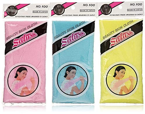 Salux Nylon Japanese Beauty Skin Bath Wash Cloth/Towel (3) Blue Yellow And Pink