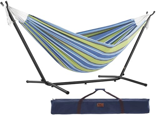 Vivere Double Cotton Hammock with Space Saving Steel Stand, Upgraded Polyester End Strings 450 lb Capacity - Premium Carry Bag Included (Oasis)