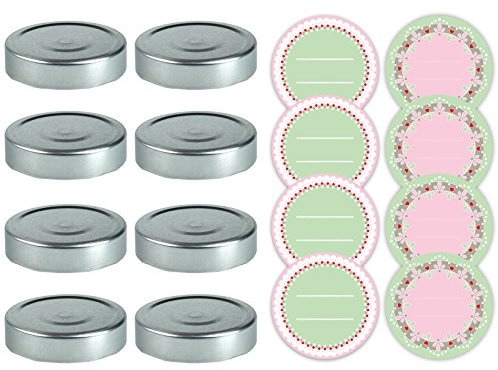 Dr. Oetker Marmeladendeckel-Set Ø 8 cm mit Aufklebern, Schraubdeckel für handelsübliche Gläser, mit rückstandsfrei ablösbaren Stickern zum Beschriften, (Farbe: Silber, bunt), Menge: 16tlg. Set