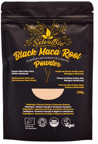 SelvaBio Black Maca Root Powder 250 g from Peru, Certified Organic, Gelatinised, Single Origin, Vegan Society Certified, for Smoothies, Shakes & Baking