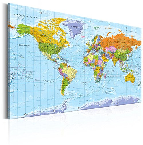B&D XXL deutsch Weltkarte Pinnwand Kork & Vlies Leinwand Bilder 120x80cm XXL Zum Pinnen Groß Wandbild Rückwand Set mit 50 Markierfähnchen Wanddeko - Pins Deko Korktafel Lernkarte Landkarte World Map