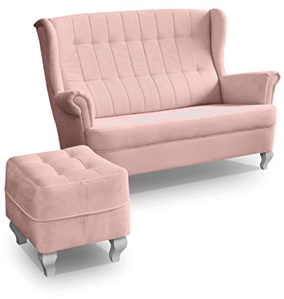 Ohrensofa mit Hocker 2er 2-Sitzer Couch Stoffsofa Ohrensessel 3er Sofa Stanford (Rosa)