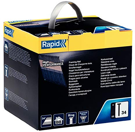 Rapid No. 34 Professional 34-D Clipped Head Framing Nails, Length: 90 mm, Bright Basic Finish for Indoor Use, Pack of 2000, 5000801