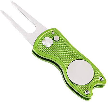 Mile High Life Ganzmetall Faltbares Golf Pitchgabel mit Pop-up Taste & Magnetkugel Markierung (Lime Green Fish)