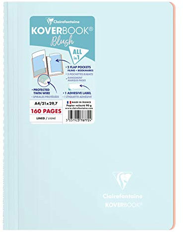 Clairefontaine 376772C Spiralblock Koverbook Blush, DIN A4, 21 x 29,7cm, 80 Blatt, liniert, 1 Stück, Eisblau / Korallenrot