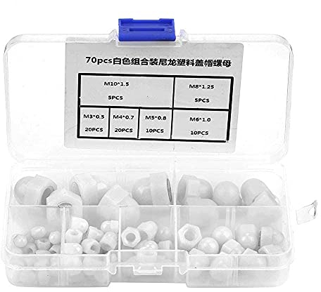 Acorn Nut Assortment Kit, Nylon Dome Head Cap Sechskantmutter Crown Acorn Nuts Shaped Cap Mutter 70 Stück M3/M4/M5/M6/M8/M10 Schwarz, Weiß (optional)(Weiß)