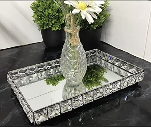 NEW RECTANGLE SHAPE MIRROR CANDLE TRAY JEWELLED DIAMANTE MIRRORED TRAY CRYSTAL CANDLE PLATE WEDDING TABLE 30x20CM