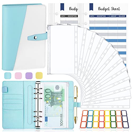 Raccoglitore Notebook A6,TAOPE Portadocumenti in Pelle PU con 12 Trasparente Sacchetti Cerniera Compilabile,Raccoglitore ad Anelli per Budget di Contanti Organizzatore di Buste Risparmio di Denaro-Blu