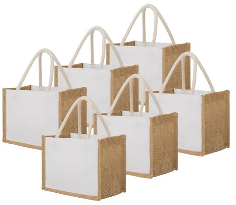 TOPTIE 6 Pezzi Borse Tote in Tela di Cotone con Lati Juta, Borsa juta Regalo Riutilizzabile per la Spesa, Borse di tela di iuta