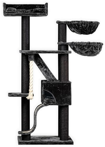 RHRQuality Cat Tree for Large Cats - Kilimanjaro Deluxe Plus – 195 cm High – With 12 cm Sisal Posts & Luxury Resting Place – Blackline Dark Gray