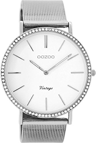 Oozoo Vintage Armbanduhr mit Edelstahl Milanaiseband 40 MM Strass/Weiß/Silberfarben C8890