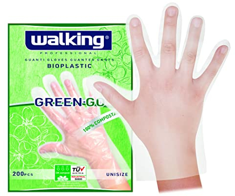 200 guanti monouso green go bioplastica 100% compostabile nell'organico - lungh. 29,5 cm. Idoneo al contatto con tutti gli alimenti novità bio unisize