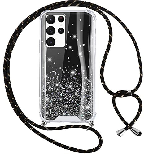 Vauki Coque avec Cordon de Collier pour Samsung Galaxy S22 Ultra 5G, Transparente Antichoc Housse Étoile Paillette Étui Silicone Lanière avec Cordon Réglable Longueur Chaîne Necklace, Noir