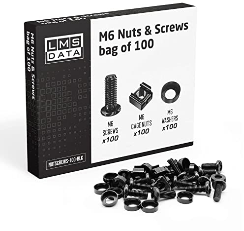 LMS Data M6 Käfigmuttern, Schrauben und Unterlegscheiben-Set – für die Installation von Rack-Montagegeräten an Netzwerkschränken (100 Stück, schwarz)