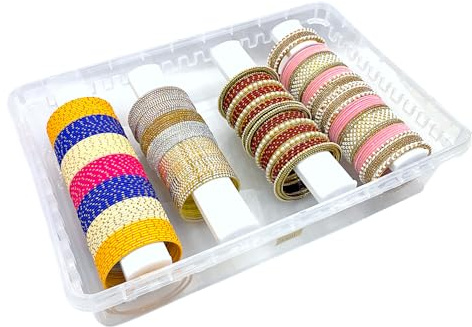 NMII Multipurpose Plastic Storage Box with Adjustable Rods l Storing Box For Bangles, Chuda, Kada, Watches, Scrunchies I (Transparent), Large, Plastic