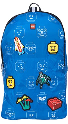LEGO Minifiguren-Rucksack mit 6 Aufnähern, ikonisch, Blau, Einheitsgröße, Packbarer Rucksack