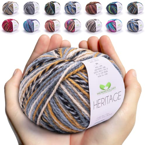 MeriWoolArt Merino Wolle zum Stricken und Häkeln – 125 m Mehrfarbige Dicke Weiche Merinowolle garn für Pullover Jacken – DIY Acryl Strickgarn für Schals, Halstücher, Socken und Wintergeschenke