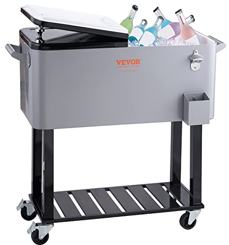 VEVOR Rolling Ice Chest Cooler Cart 80 Quart, Portable Bar Drink Cooler, Beverage Bar Stand Up Cooler with Wheels, Bottle Opener, Handles for Patio, Backyard, Party and Pool, Gray, FDA Listed